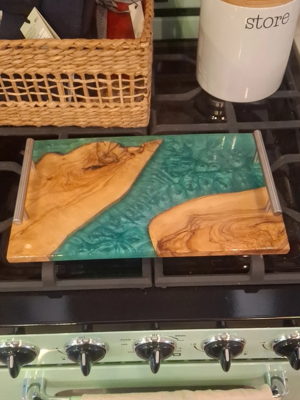 Handcrafted Teal Resin & Wood Bathroom Tray